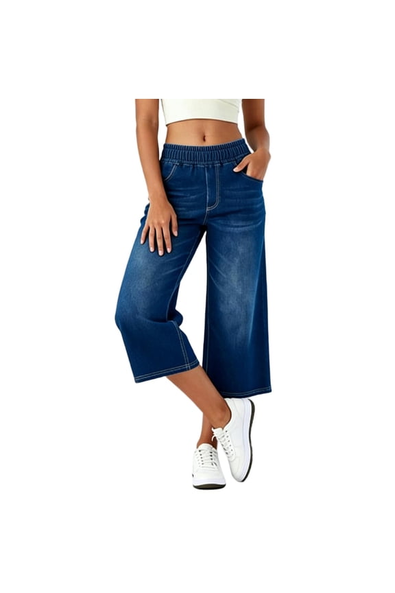 Ladies Denim Capris - Women's Cropped Jean Pants with Pockets Washed Lightweight Pull on Elastic Waist Casual Summer Soft Mid Calf Denim Pants Blue XXL