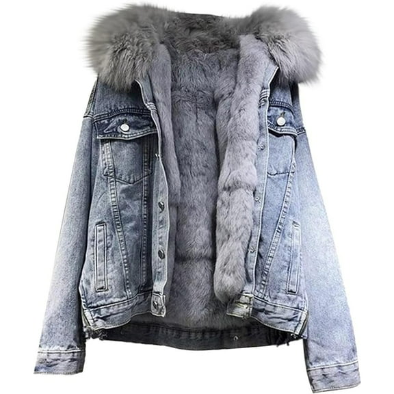Ladies Denim Fleece Thickened Winter Coat Removable Cotton Denim Jacket Lined Jacket Jeans With Fur Warm Winter Jacket Hooded Lapel Outerwear