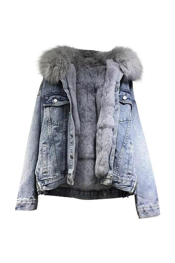 Ladies Denim Fleece Thickened Winter Coat Removable Cotton Denim Jacket Lined Jacket Jeans With Fur Warm Winter Jacket Hooded Lapel Outerwear