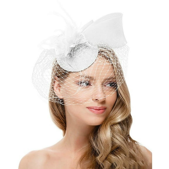 Ladies Derby Hat with Mesh & Feathers – Tea Party Headpiece for Weddings, Cocktail Events & Church Occasions Under 5$, Yubnlvae Fascinators for Women Tea Headband Hat Mesh , White, One Size