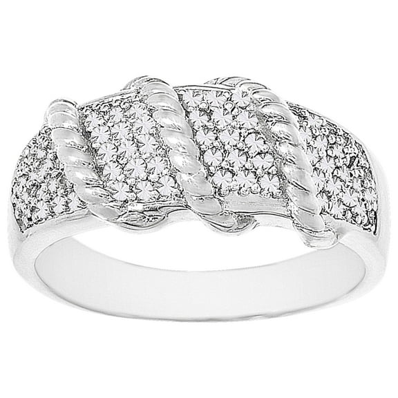 Ladies Diamond Accent Ribbed Design Ring in Rhodium Plated Brass