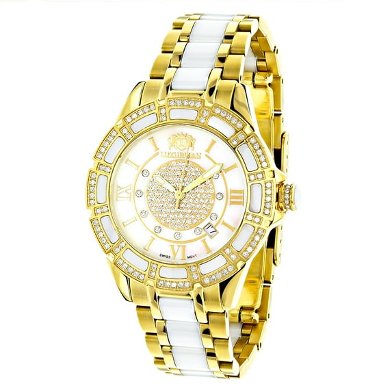 Ladies Diamond Ceramic Watch 1.25ct White MOP Galaxy Yellow Gold