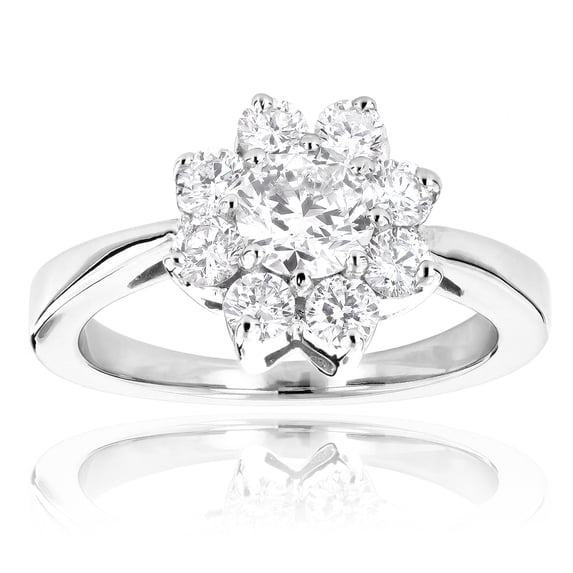 Ladies Diamond Cluster Rings: 14K Gold Diamond Flower Ring 1.3 Ctw (White Gold Size 5.5)