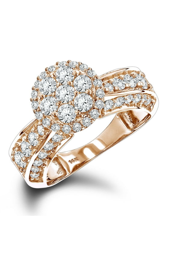 Ladies Diamond Rings 14K Cluster Design Natural 1.6 Ctw Diamond Ring (Rose Gold Size 6)