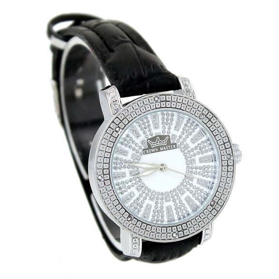 Ladies Diamond accent silver-tone dress clubbing watch 37mm 11mm thick case. Bing dial 14mm wide black strap fits 8.5inches wrist.