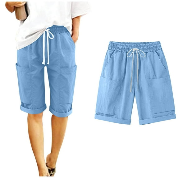 Ladies Drawstring Cargo Capris Pants Rolled Cuff Casual Summer Travel Hiking Shorts with Pockets Light Blue M