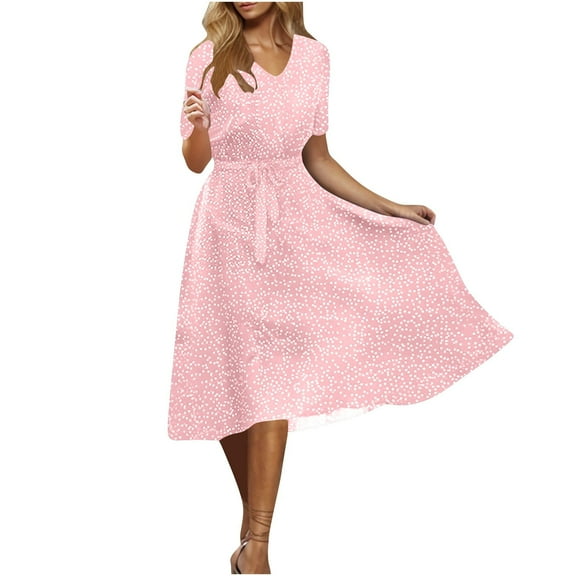 Ladies Dresses Summer Fashion Women Summer V-Neck Bandage Print Casual Short Sleeve Dresses Plus Size Dresses for Women Casual Style B-20 Pinky XL