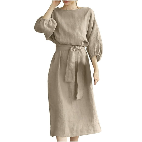 Ladies Dresses Women Elegant Half Sleeve Round Neck Waist Belted Long Dress Casual Dressy A-Line Midi Dresses to Work Office Linen Solid Color Formal Dress Pullover