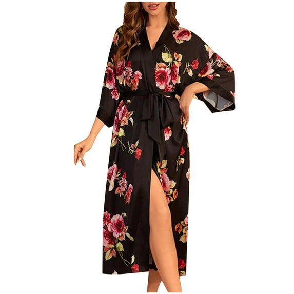 Ladies Dressing Gown for Women Long Silk Robe Vintage Floral Maxi Satin Robes V Neck Nightdress Long Sleeve Bathrobe