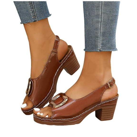 Ladies Dressy Sandals for Women 2025 Summer Trendy Leather Buckle Peep Toe Chunky High Heel Slingback Sandals