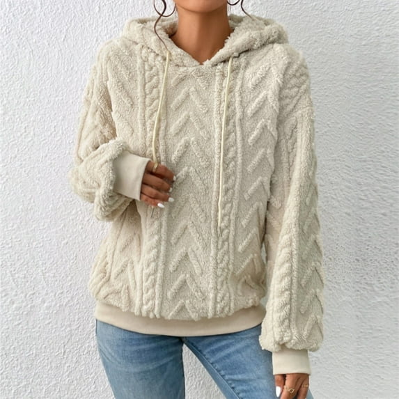 Ladies Drop Shoulder Drawstring Hooded Teddy Long Sleeve Casual Sweater Pullover Hooded Sweatshirt with Pockets Women Pullover Sweatshirt Tops for Women Size Large Womens Hoodie Zip up Hoodie Dress