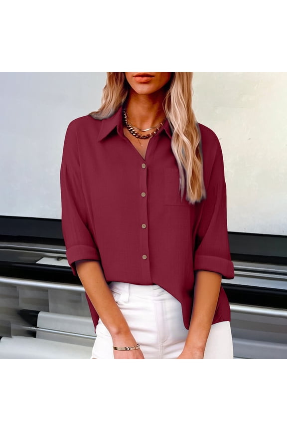 Ladies Drop Shoulder Slub Cotton Long Sleeve Shirt with Pockets Easy Comfortable Casual Tops