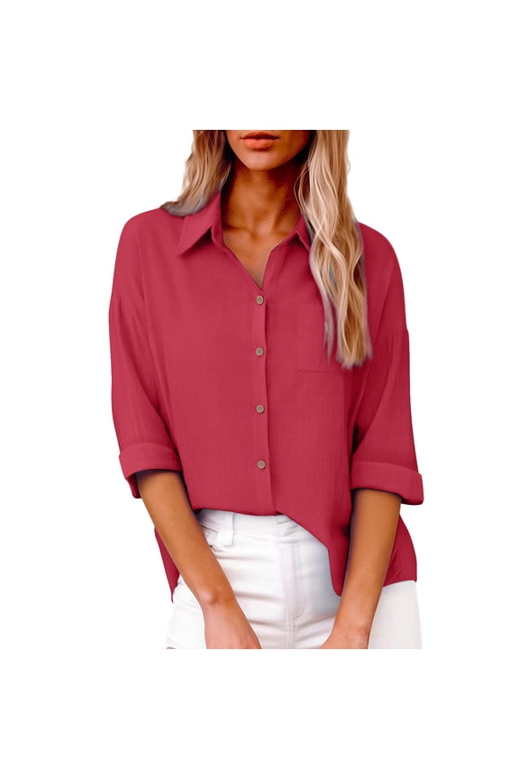 Ladies Drop Shoulder Slub Cotton Long Sleeve Shirt with Pockets Easy Comfortable Casual Tops