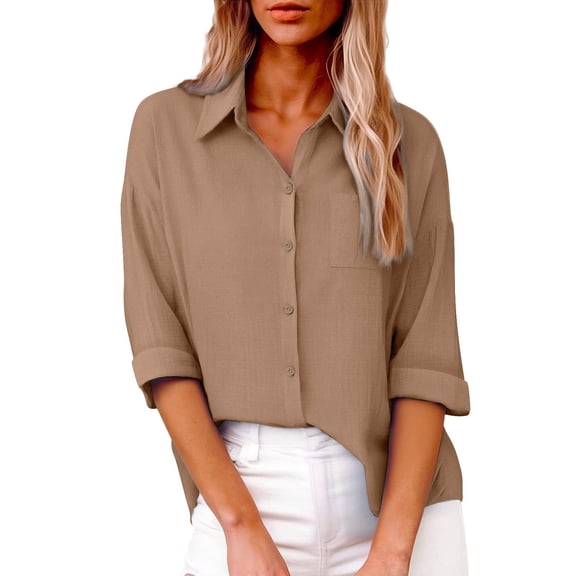 Ladies Drop Shoulder Slub Cotton Long Sleeve Shirt with Pockets Easy Comfortable Casual Tops