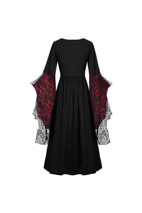 Ladies Easter Dresses Renaissance Gothic Dress for Women Medieval Costume Darkness Dress Lace up Flare Sleeve High Low Midi Dresses Wine L