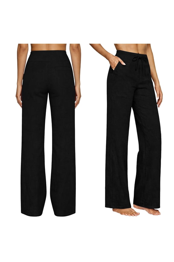 Ladies Elastic High Waist Linen Pants, Drawstring Tie Side Pocket Patch Pocket Loose Straight Wide Leg Soft Breathable Daily Summer Casual Long Trousers, Black S