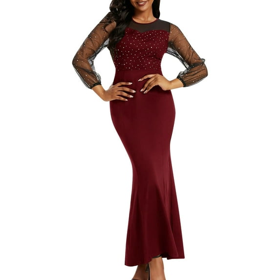 Ladies' Elegant And Vintage Sequin And Mesh Long Sleeve Flowing Wrap Dress For Evening Parties