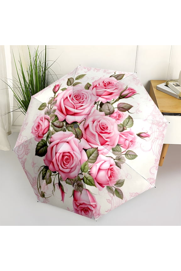 Ladies' Elegant Flower Umbrella - Automatic Opening Windproof Umbrella, 8-Bone Strong Frame, Pink Rose and Green Leaf Design - Portable Folding Umbrella, Valentine's Day, Wedding