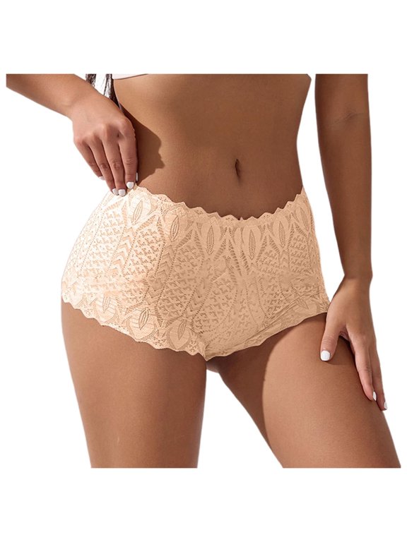 Ladies Elegant Full Lace Boyshort Brief, Scalloped Wave Trim Stretch Lace Panties, Moderate Coverage Intimate Underwear for Home Work Dating Outfits