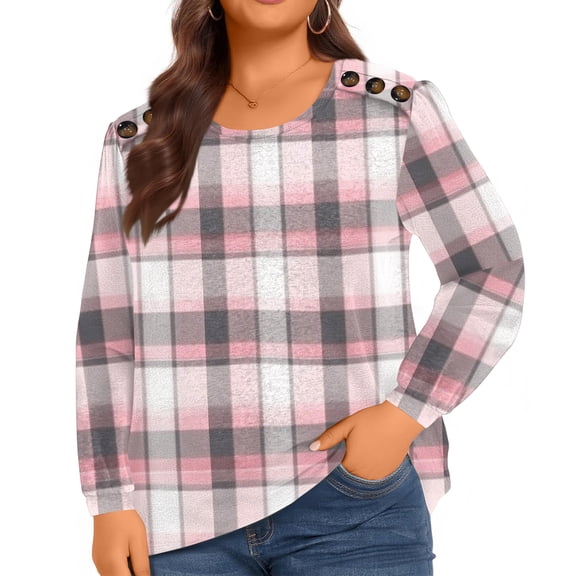 Ladies Elegant Geometric Button Up Plus Size Women's Long Sleeve Top for Modern Fashion and Office Wear,Pink,3XL