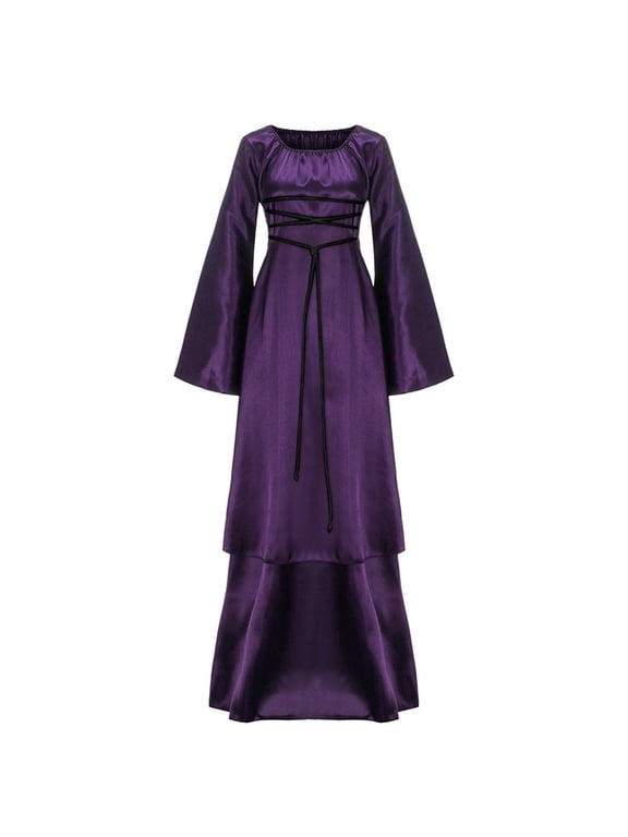 Ladies Elegant Gothic Dress with Flared Long Sleeves Renaissance Medieval Dresses Comfy Classic Solid Plain Long Clothes A-Line Swing Witch Halloween Party Club Outs