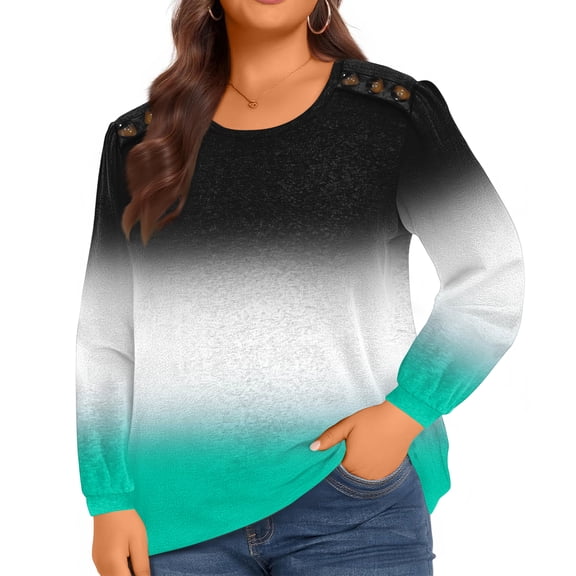 Ladies Elegant Gradient Button Large Women's Long Sleeve Top for Plus Size Fashion and Elegant Occasions,Black,3XL