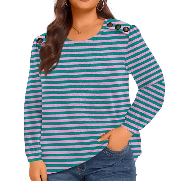 Ladies Elegant Gradient Button Large Women's Long Sleeve Top for Plus Size Fashion and Elegant Occasions,Blue,2XL