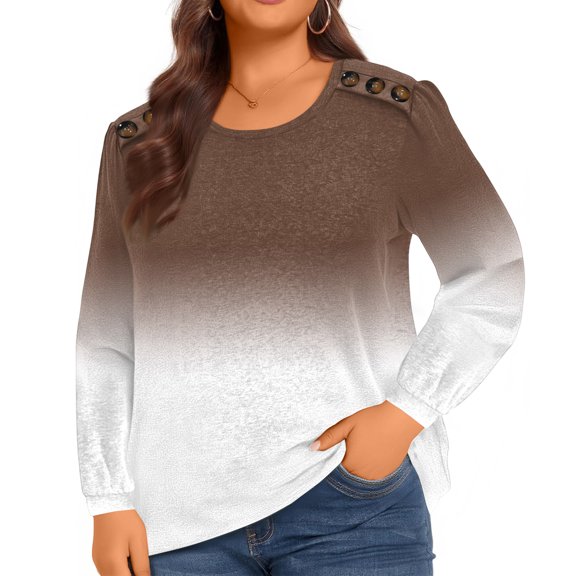 Ladies Elegant Gradient Button Large Women's Long Sleeve Top for Plus Size Fashion and Elegant Occasions,Coffee,2XL