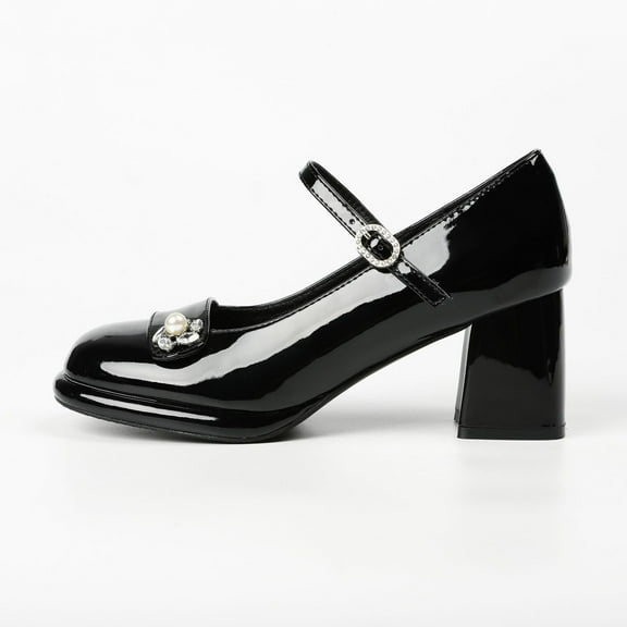 Ladies' Elegant Mary Jane Pumps, Rhinestone Accent, Chunky Heel