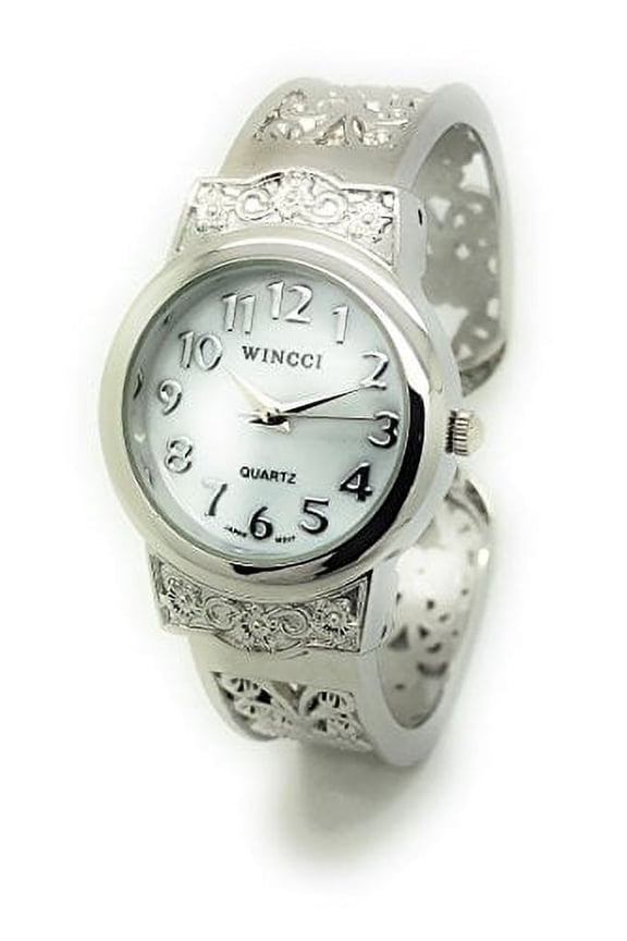 Wincci Women's Analog Quartz Bracelet Watch, Pearl Dial Silver Metal Cuff Bangle Wrist Watch for Women, Elegant Fashion Dress Watch