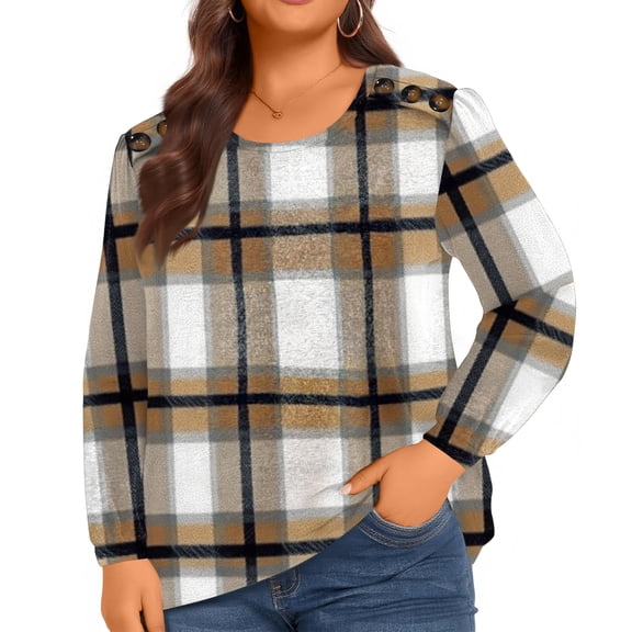 Ladies Elegant Plaid Button Up Plus Size Women's Long Sleeve Top for Classic Style and Everyday Use,Coffee,2XL