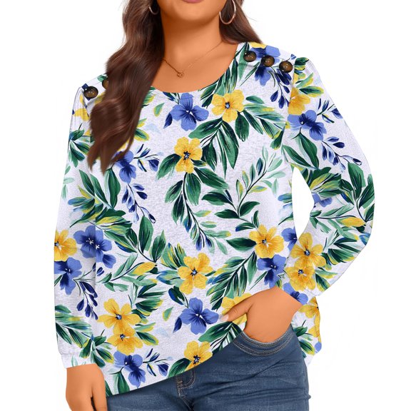 Ladies Elegant Plaid Printed Button Plus Size Women's Long Sleeve Top with Floral Print for Feminine Style,Dark Green,4XL