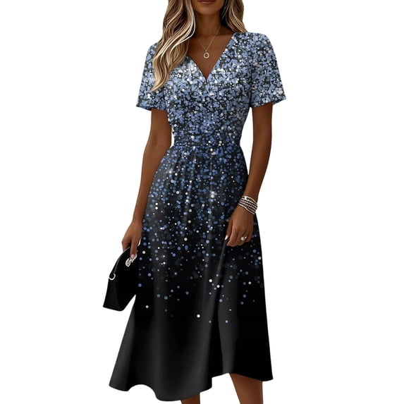 Ladies Elegant Solid Color V Neck Dress Short Sleeve High Waist Flared Midi Dresses For Party Beach And Everyday Outings, Size S-3XL