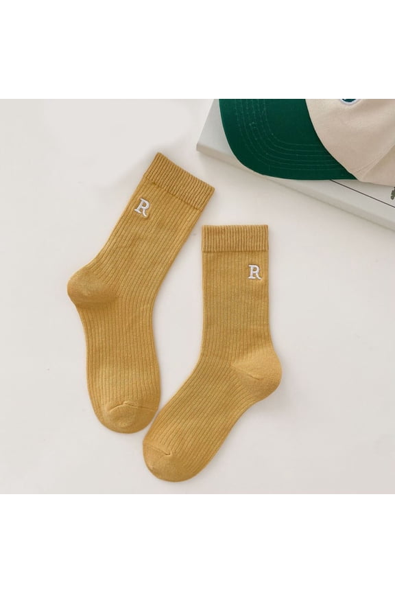 Ladies Embroidered Letter R Pattern Long Stockings Solid Candy Color Socks