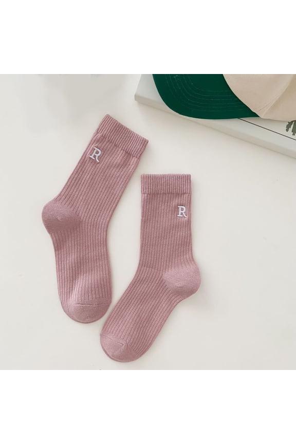 Ladies Embroidered Letter R Pattern Long Stockings Solid Candy Color Socks
