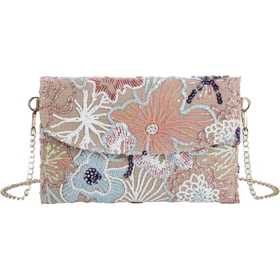 Ladies Embroidery Sequins Shoulder Bag Summer Floral Chain Crossbody Evening Clutch Envelope Bohemian Style