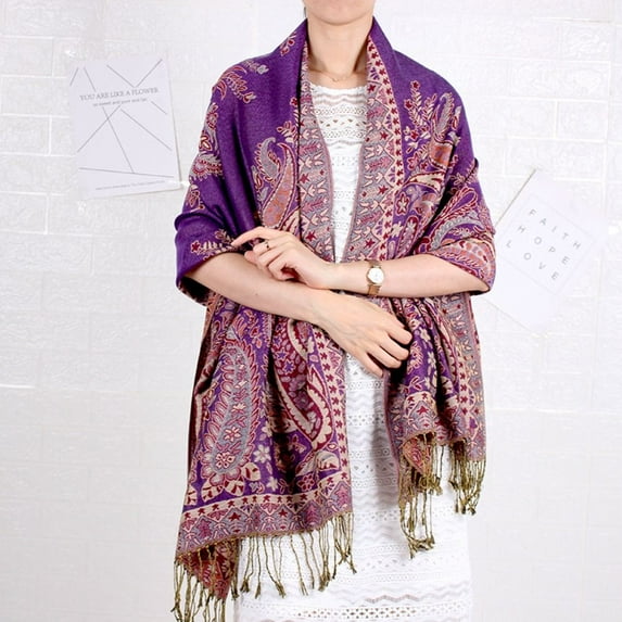 Ladies Ethnic Pashmina Winter Bohemian Travel Scarves Women Scarf Cashew Jacquard Scarf Long Soft Shawls PURPLE