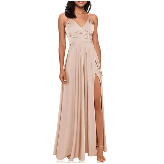 Ladies Fall Dresses Satin Bridesmaid Dresses for Women Wedding Spaghetti Straps V Neck Dress Prom Womens Long High Slit Formal Evening Ball Gowns Graduation Dresses for Women S-17 Gold XL