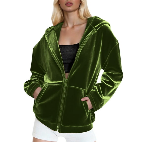 Ladies Fall Jackets Women's Velvet Hooded Jacket, Long Sleeve Full Zip Outerwear Coat, Soft Warm Velour Jackets with Pockets Green XXL
