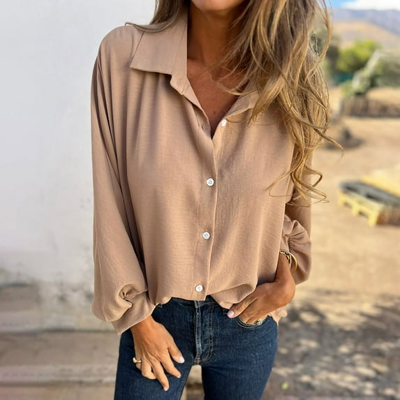Ladies Fall And Winter Long Sleeve Ladies Lapel Button Down Shirt Top Women Fall Shirts Three Quarter Length Shirts for Women Womens Button Front Shirts Silk Shirts Long Length T Shirt Vacation Top