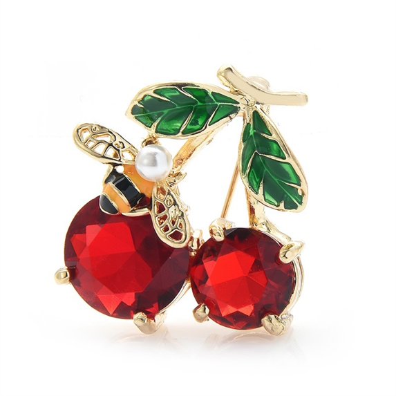 Ladies Fashion Accessories Red Crystal Cherry Brooch Women's Enamel Fruit Party Brooch Cardigan Jacket Coat Brooch