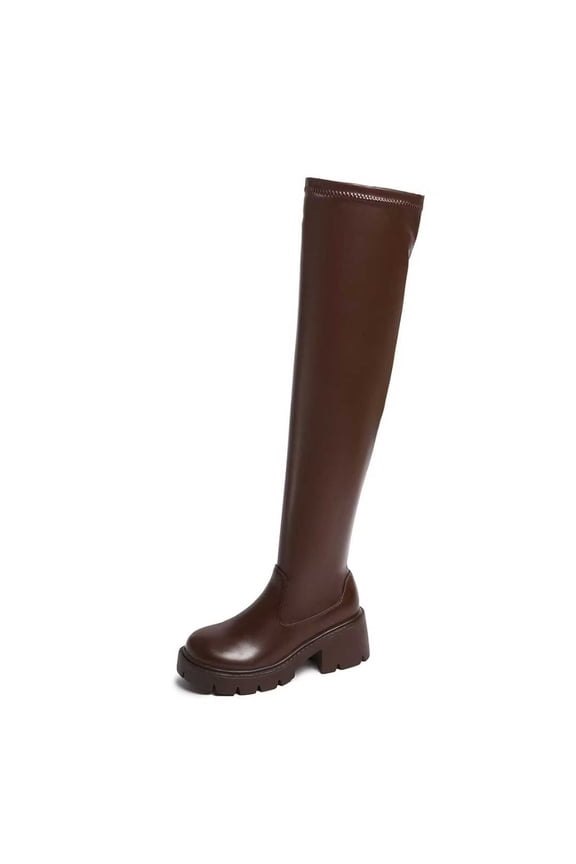 Ladies Fashion British Winter Solid Leather Heel Thick Heel Long Sleeve Knee Over Boot plus Size Knee High Boots Extra Wide