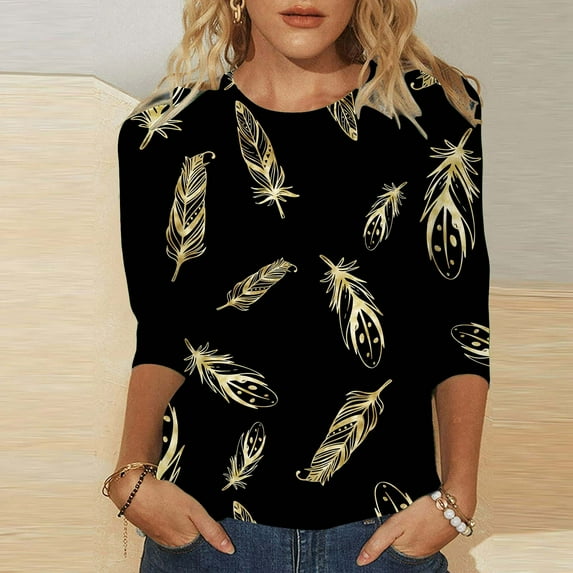 Ladies Fashion Casual Feather Print Sport Round Neck T Shirt Comfortable Casual Loose Sleeve T Shirt Medium Sleeve Turtle Neck Ladies Tee Shirt Women Workout Shirt Phrasing Shirt Womens Solid Color T