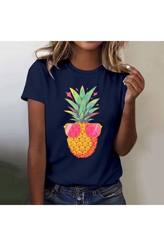 Ladies Fashion Casual Pineapple Print T Shirt Short Sleeve Top Casual T Shirt for Women Hiking Shirts Women Neck Women Short Sleeve Tee Tops Women Loose Tops Summer Woman Summer Tops Summer Shirt for