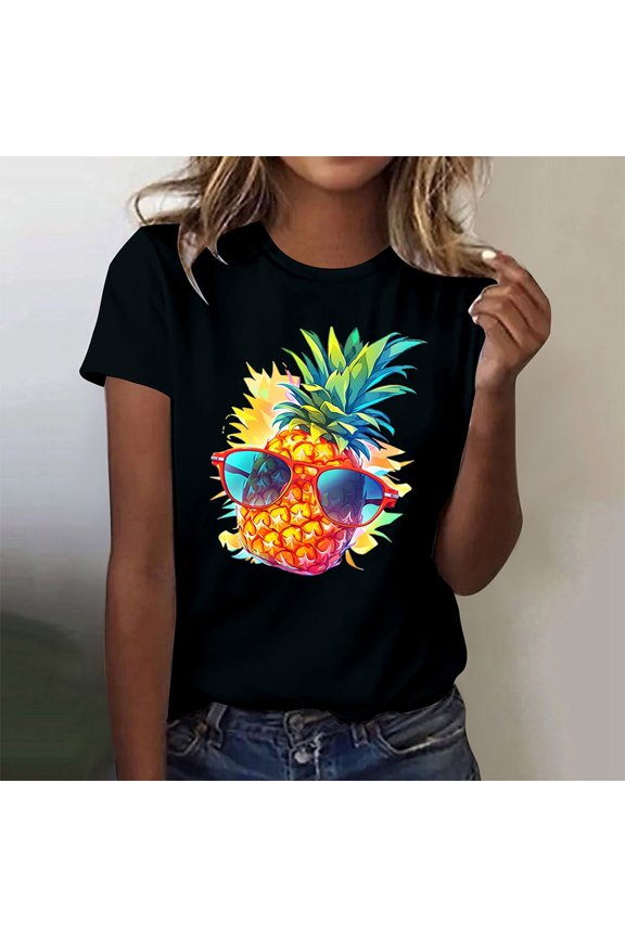 Ladies Fashion Casual Pineapple Print T Shirt Short Sleeve Top1 Womens Top Extra Long Ladies Workout Summer Tee Shirts for Women Long Sleeve Shirt for Women Tops Women Casual T Shirt Plain Shirt Space