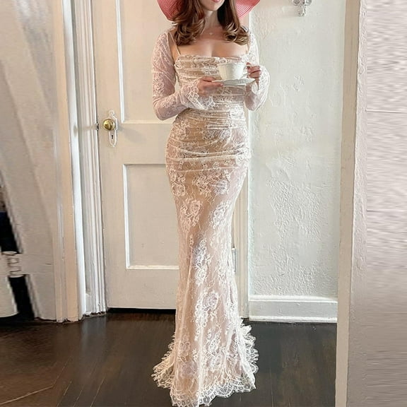 Ladies Fashion Casual Solid Color Sexy Temperament Fishtail Court Lace Square Collar Dress Dress Two Piece Set Long Evening Formal Dress Formal Dress Tall Women Elegant Dresses for Women Formal Long