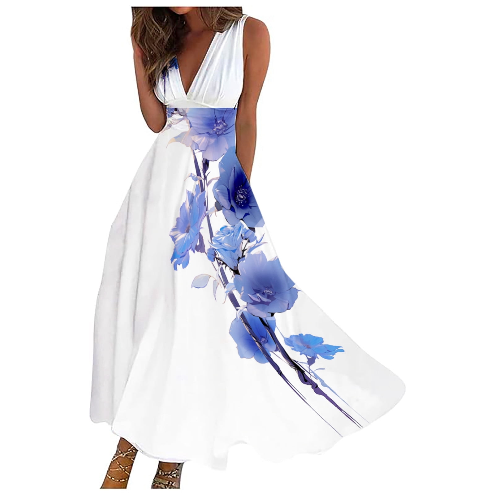 Ladies Fashion Casual V Neck Floral Print Sleeveless Dress Long Dress  Summer Dress for Women Short Midi Summer Dress plus Size Dresses for Women  Summer Maxi Dress with Pockets for Women Short