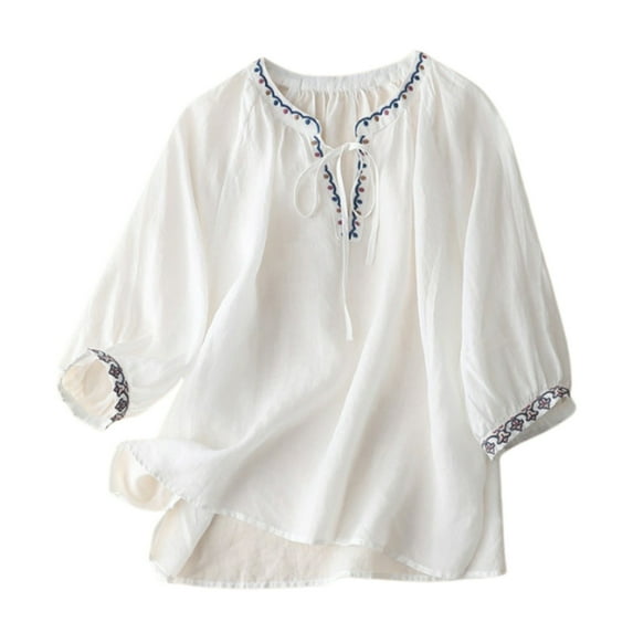 Ladies Fashion Casual V Neck Linen Embroidery Point Sleeve Comfortable Loose Fit T-Shirt Top