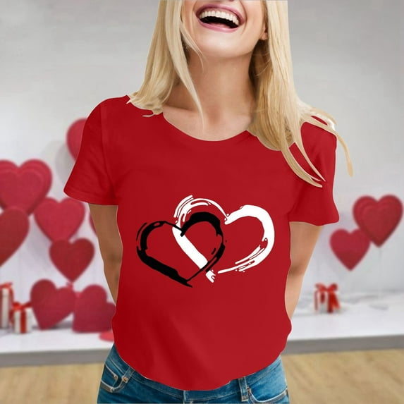 Ladies Fashion Casual Valentine's Day Print Outdoor Sports Round Neck Short Sleeve T Shirt Top for Women Shirts for Women Trendy Shirks for Women Short Sleeve Tees Women Womens Tops Short Sleeve Loose