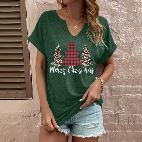 Ladies Fashion Christmas Print Top - Loose V Neck T Shirt